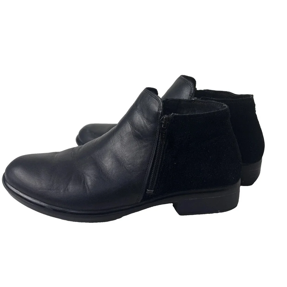 NAOT Leather & Suede Helm Bootie Women 9 Black Side Zip Comfort Shoes Boho